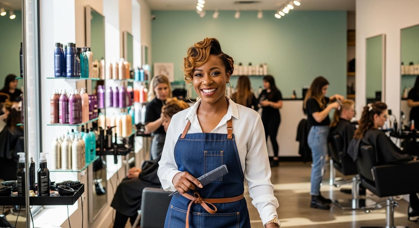 A stylist finishing a client's hair in a busy salon